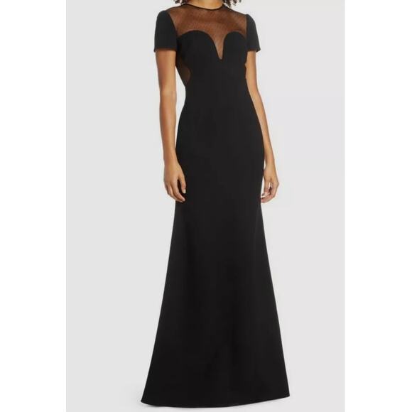 NEW Jill Jill Stuart Women's Black Dotted Mesh Crepe Trumpet Gown Dress Sz 10 - Picture 1 of 11